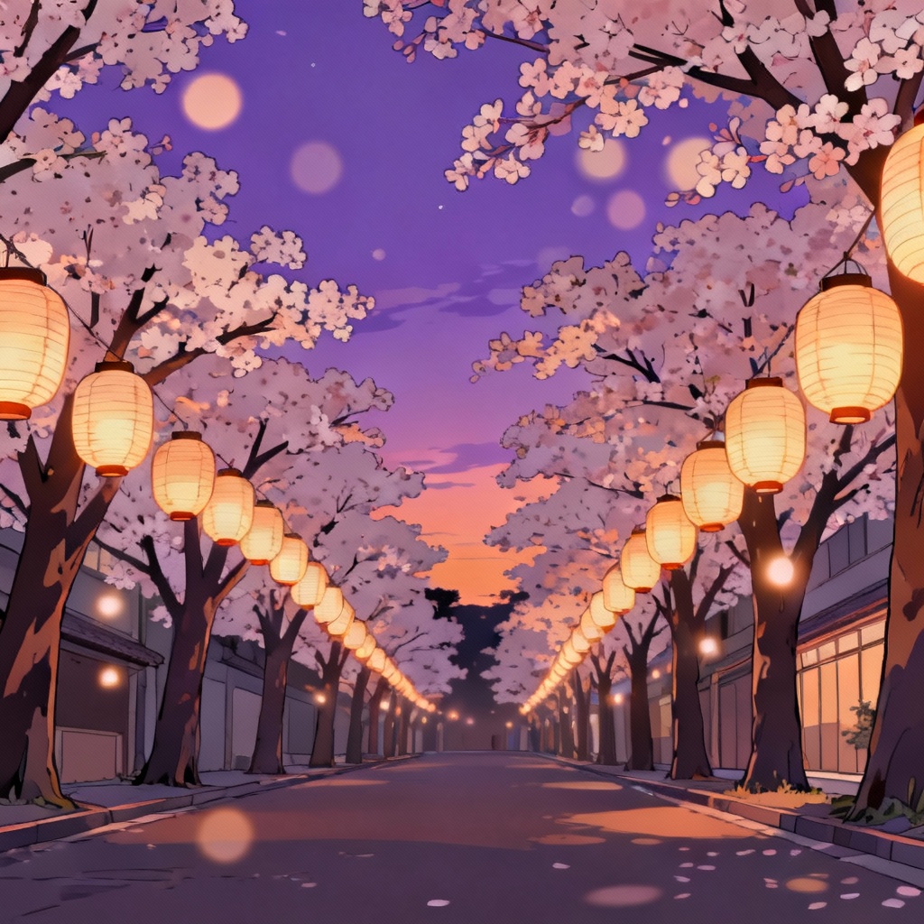 AI anime sakura street at dusk with lanterns