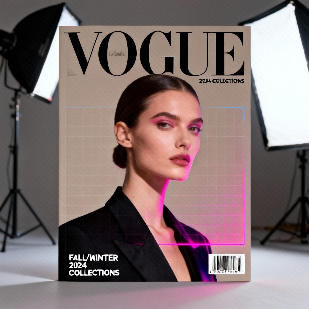 AI fashion magazine cover with runway model, bold masthead, and modern typography