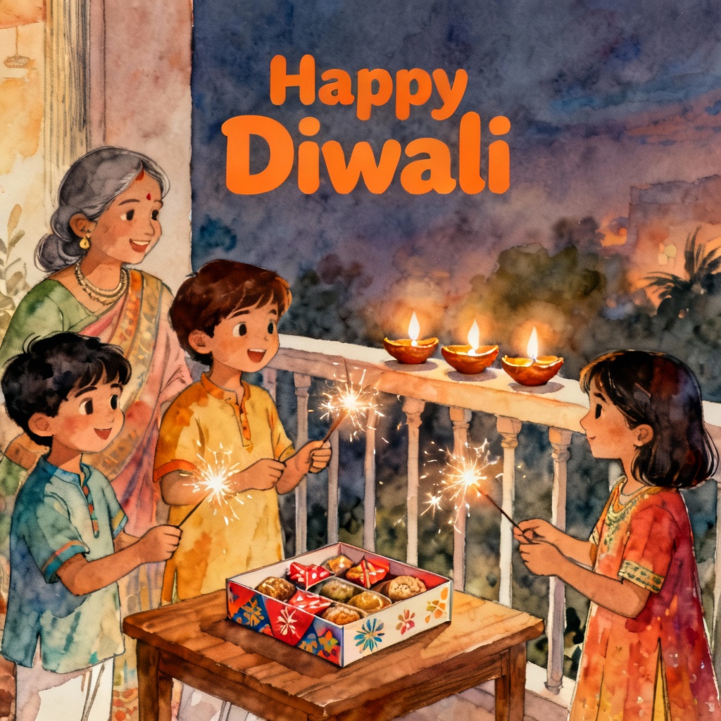 AI cute Diwali illustration with kids, sweets, and sparklers