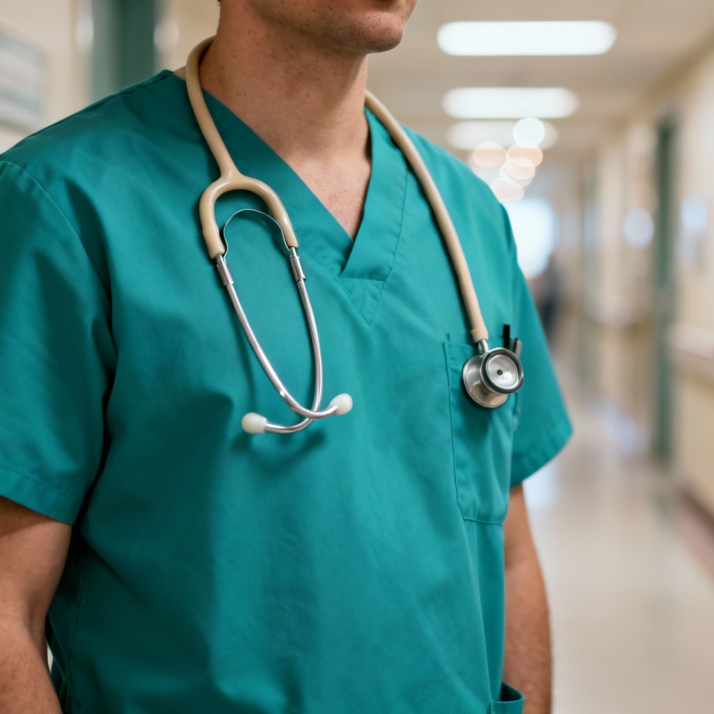 Clinician torso mockup wearing a neutral stethoscope in corridor