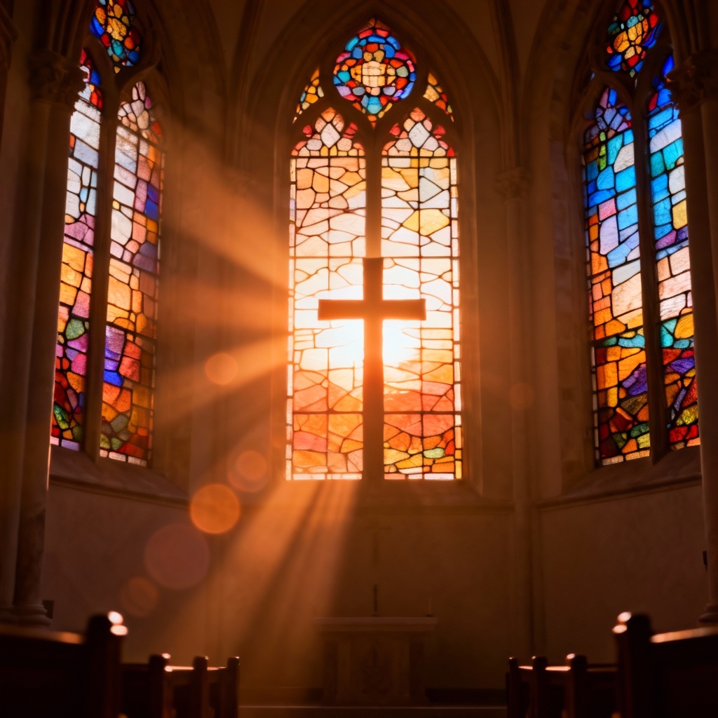 AI worship background with stained glass sunrise and light rays