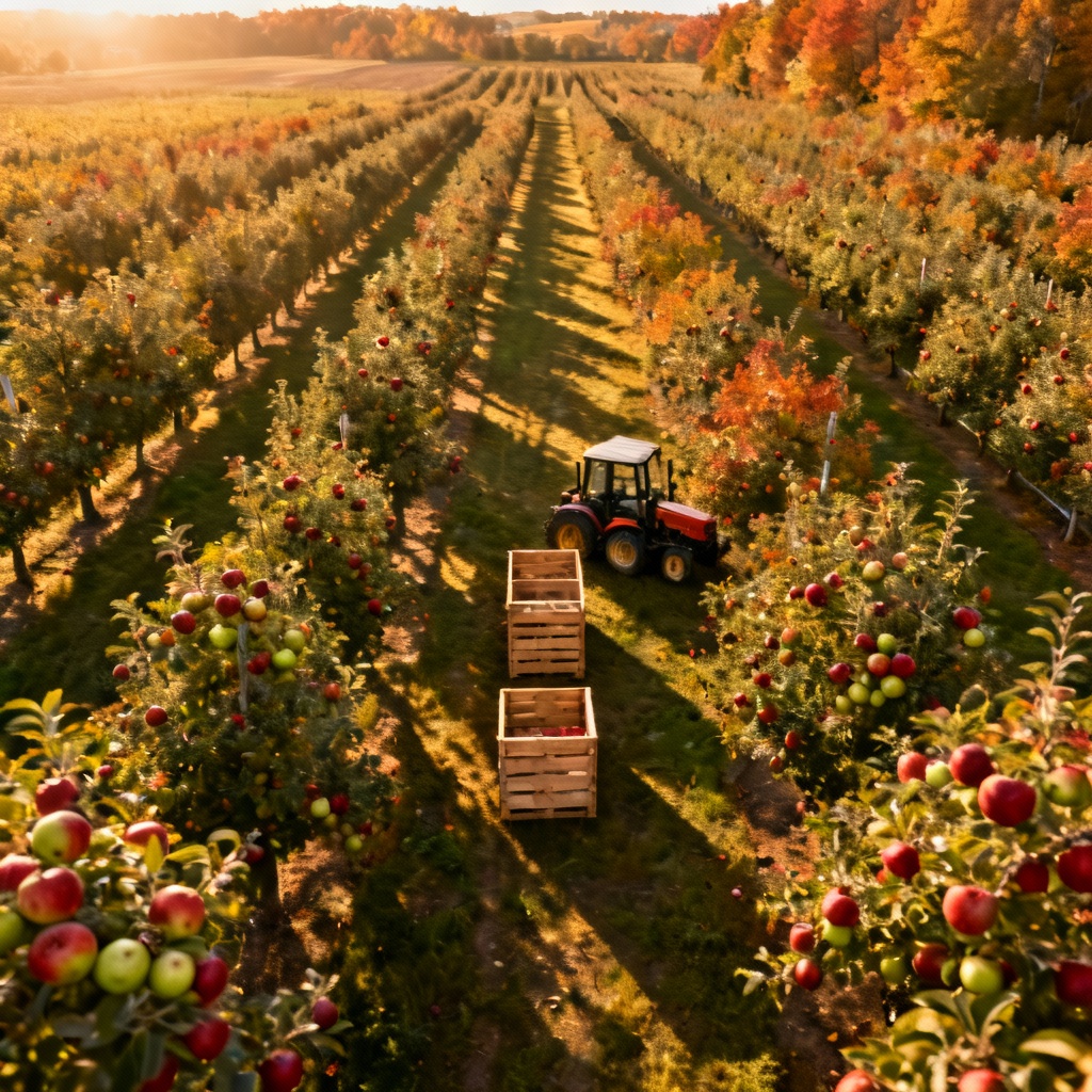 Aerial view of apple orchard during harvest season