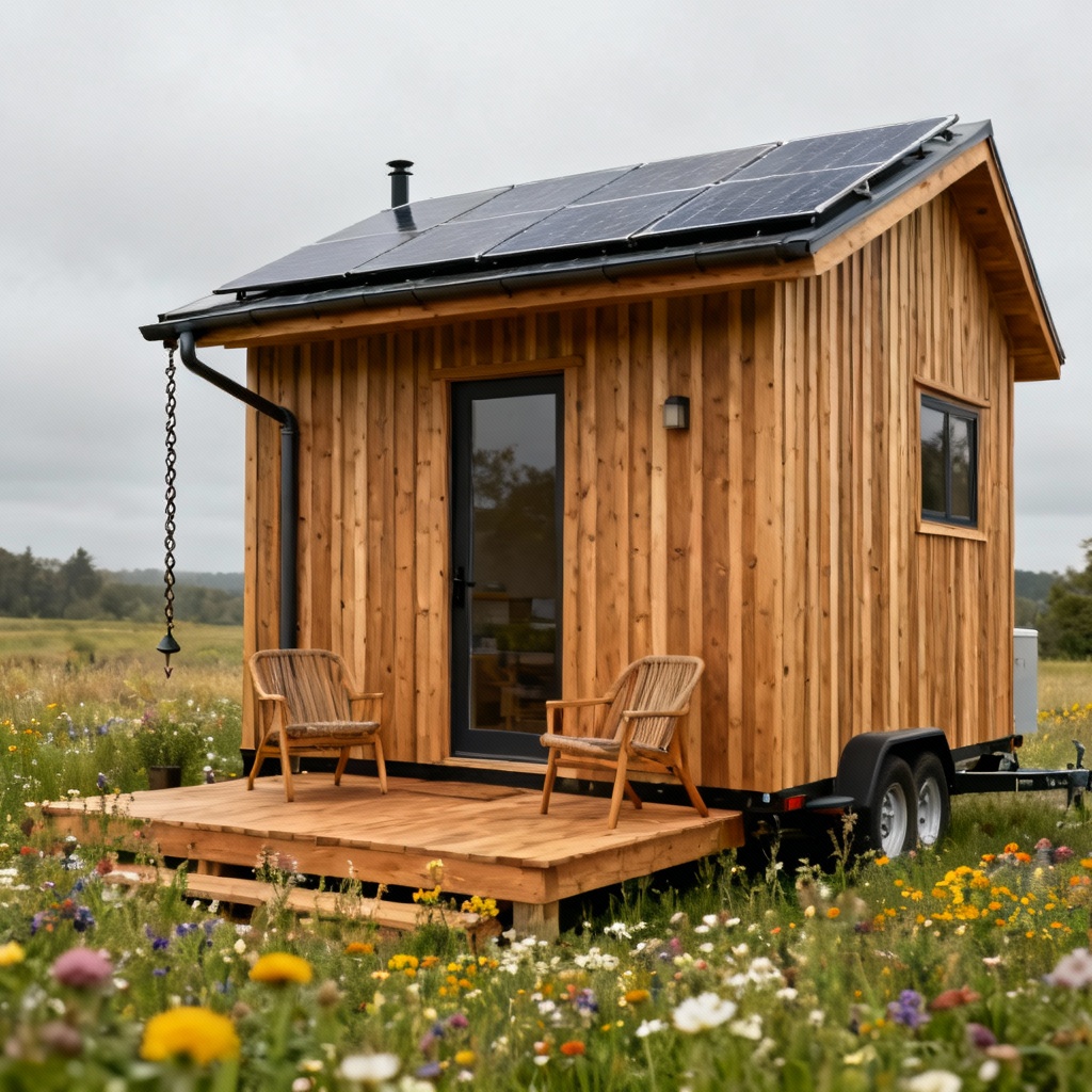 Tiny off-grid wooden house with solar panels in meadow