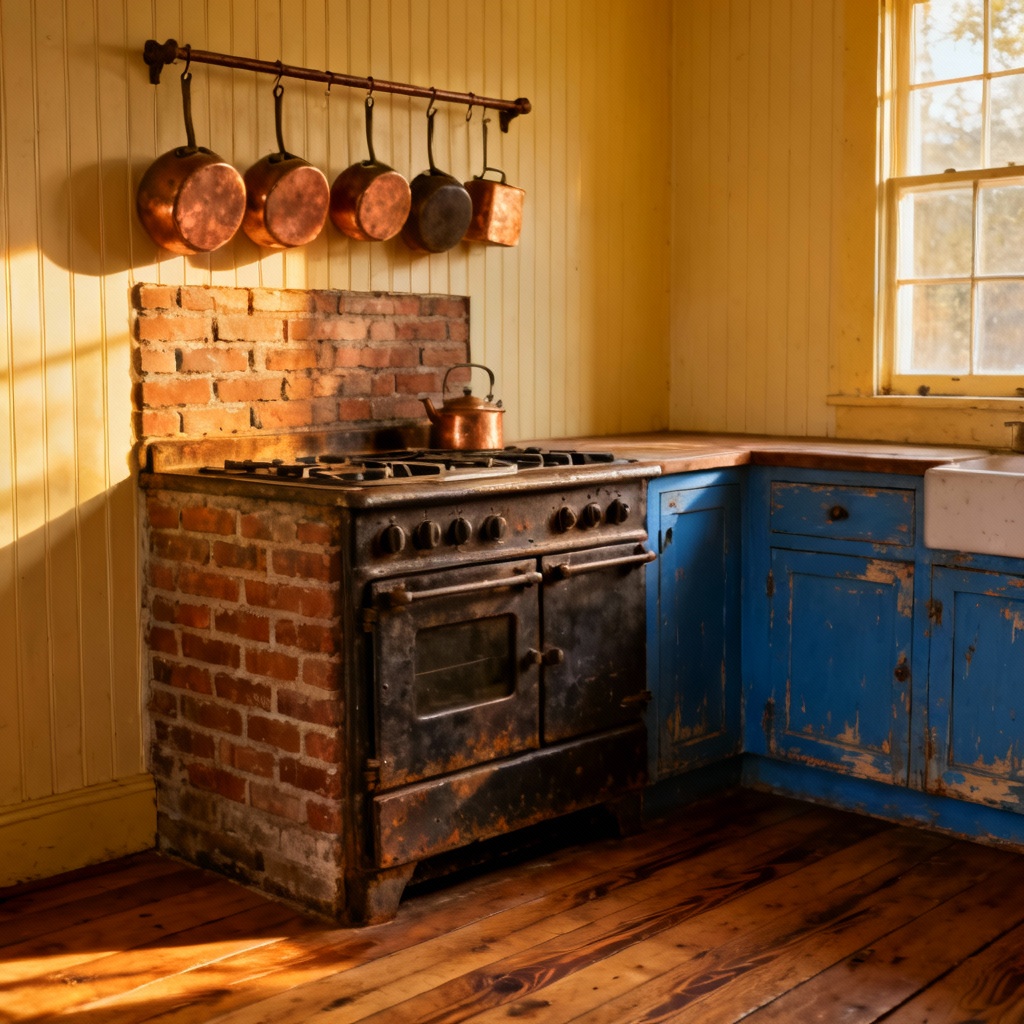AI rustic farmhouse kitchen corner with cast-iron range and copper pots