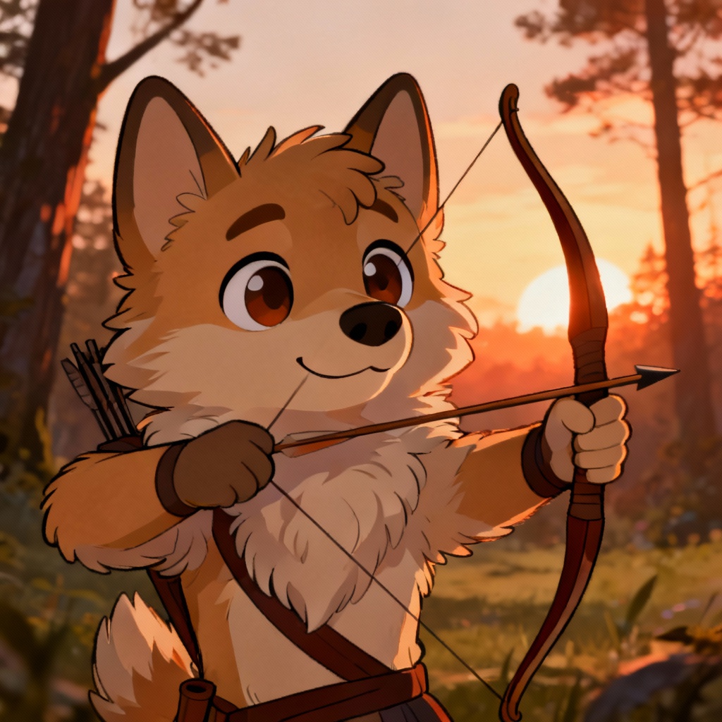 AI furry friend hero illustration of an anthropomorphic canine archer at sunset