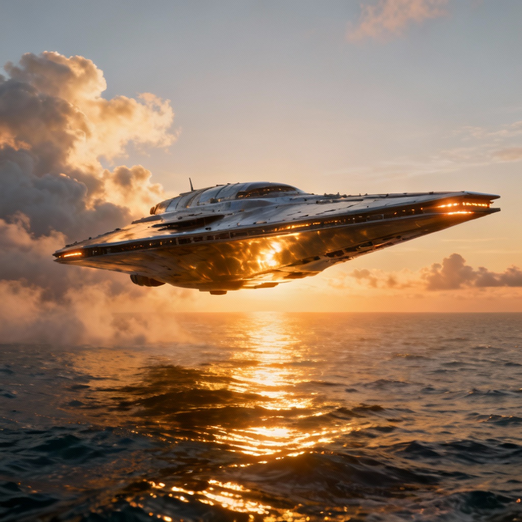 AI Starship Over Ocean Sunset