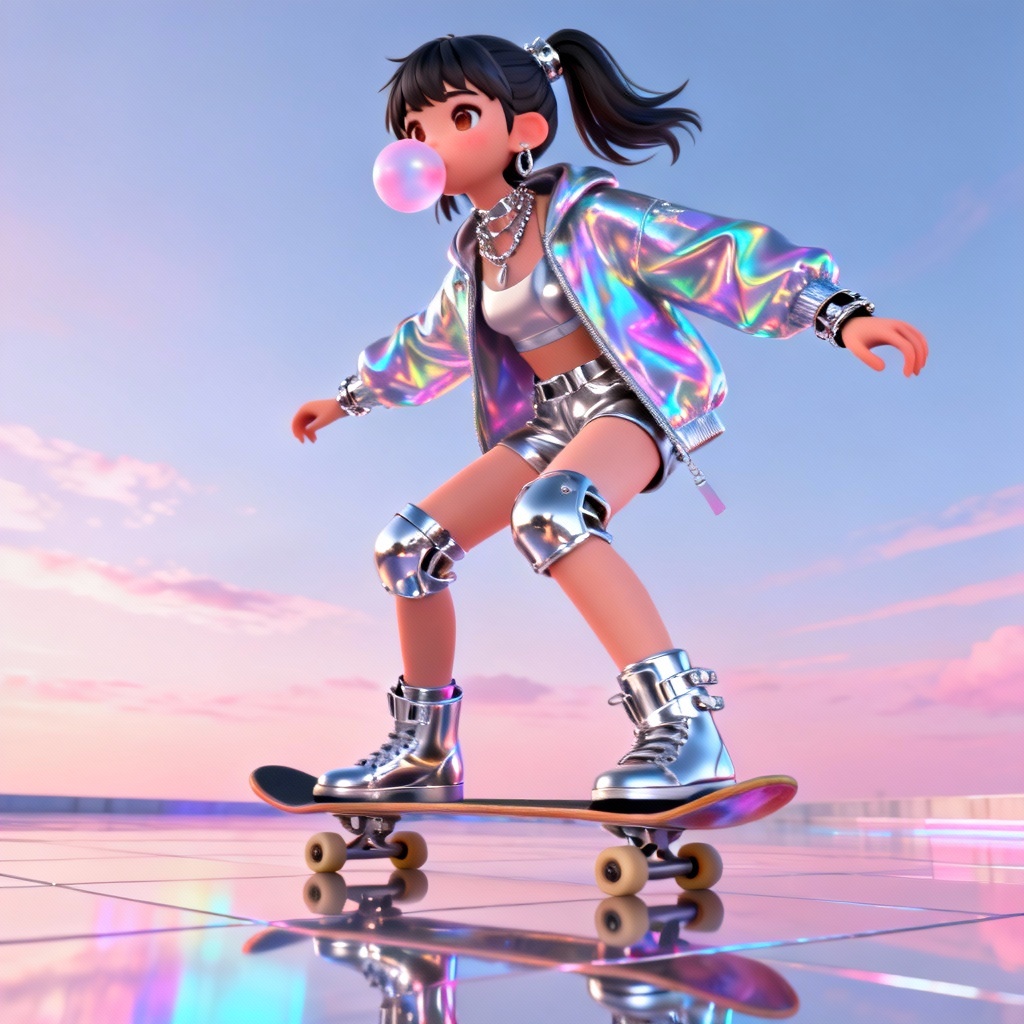 Y2K skater aesthetic with bubblegum bubble and chrome accents