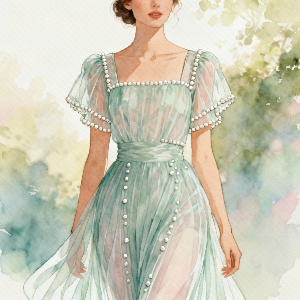 AI Regency chiffon empire waist gown illustration