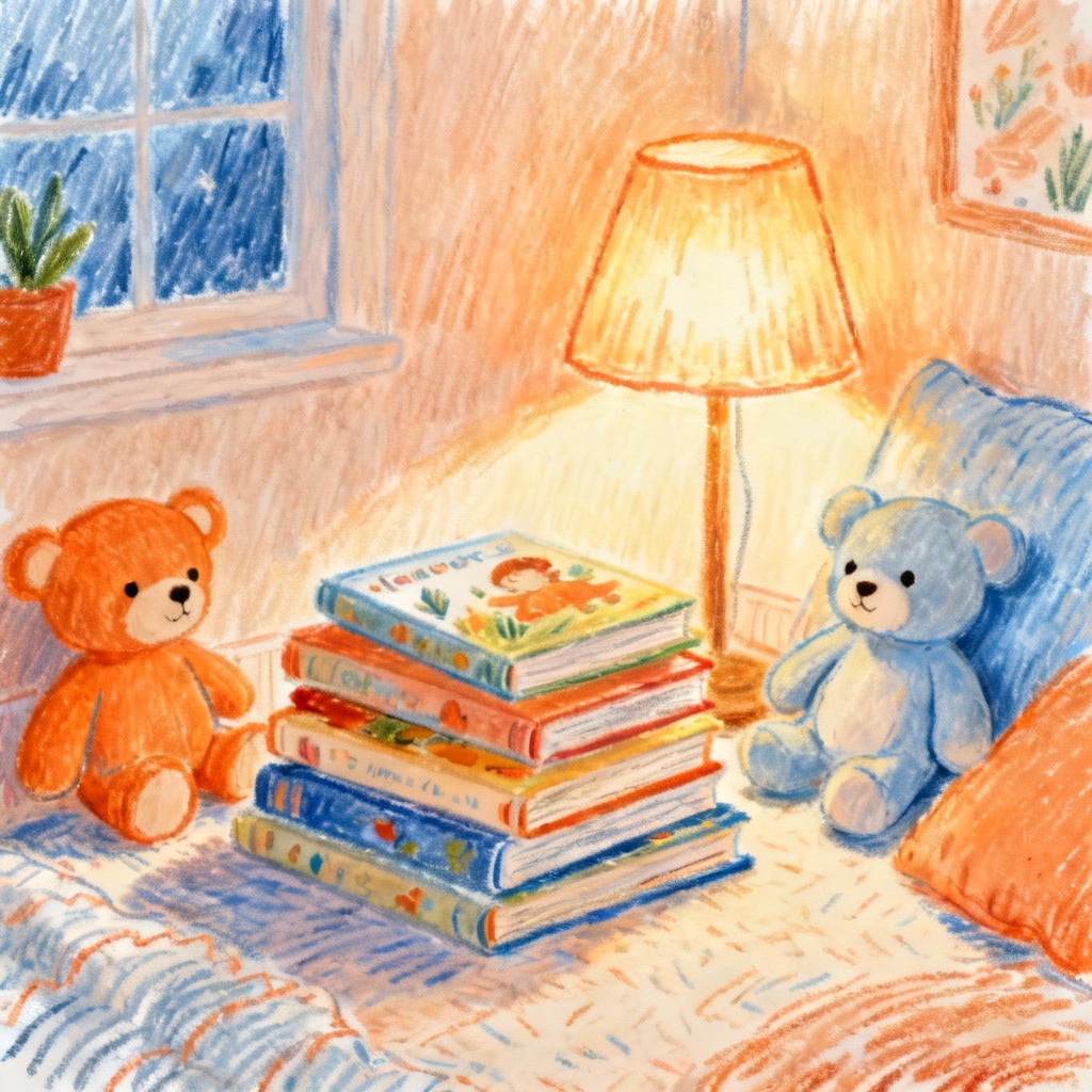 AI childlike crayon scene of a reading corner with plush toys