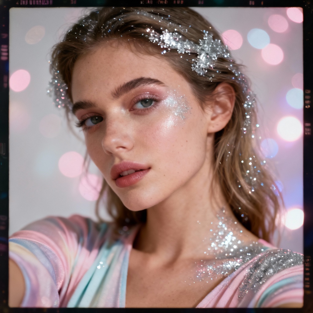 AI glam selfie with glitter dust and pastel bokeh