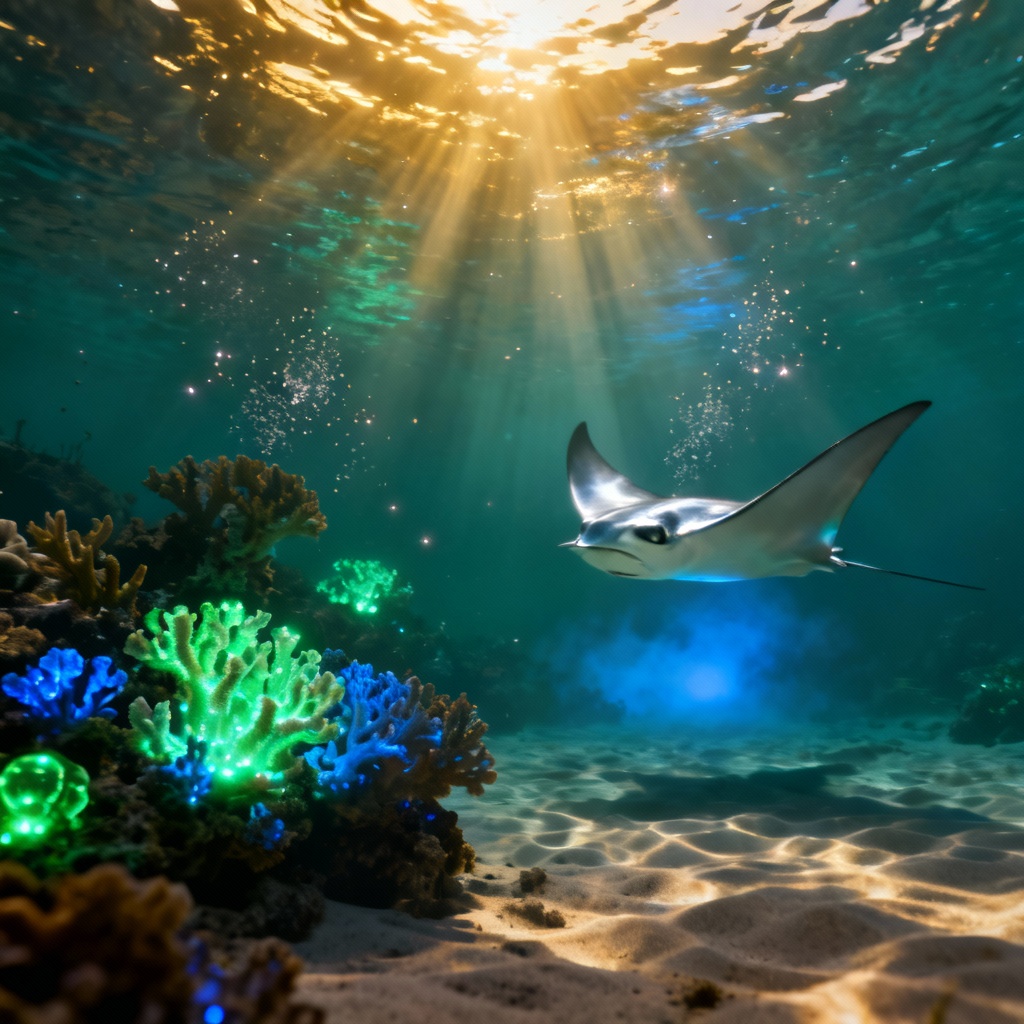 AI-generated bioluminescent coral reef with manta rays and sunbeams