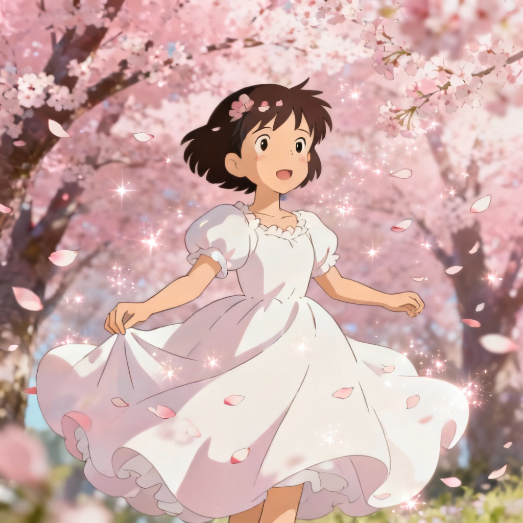 Anime flower girl under cherry blossoms with drifting petals