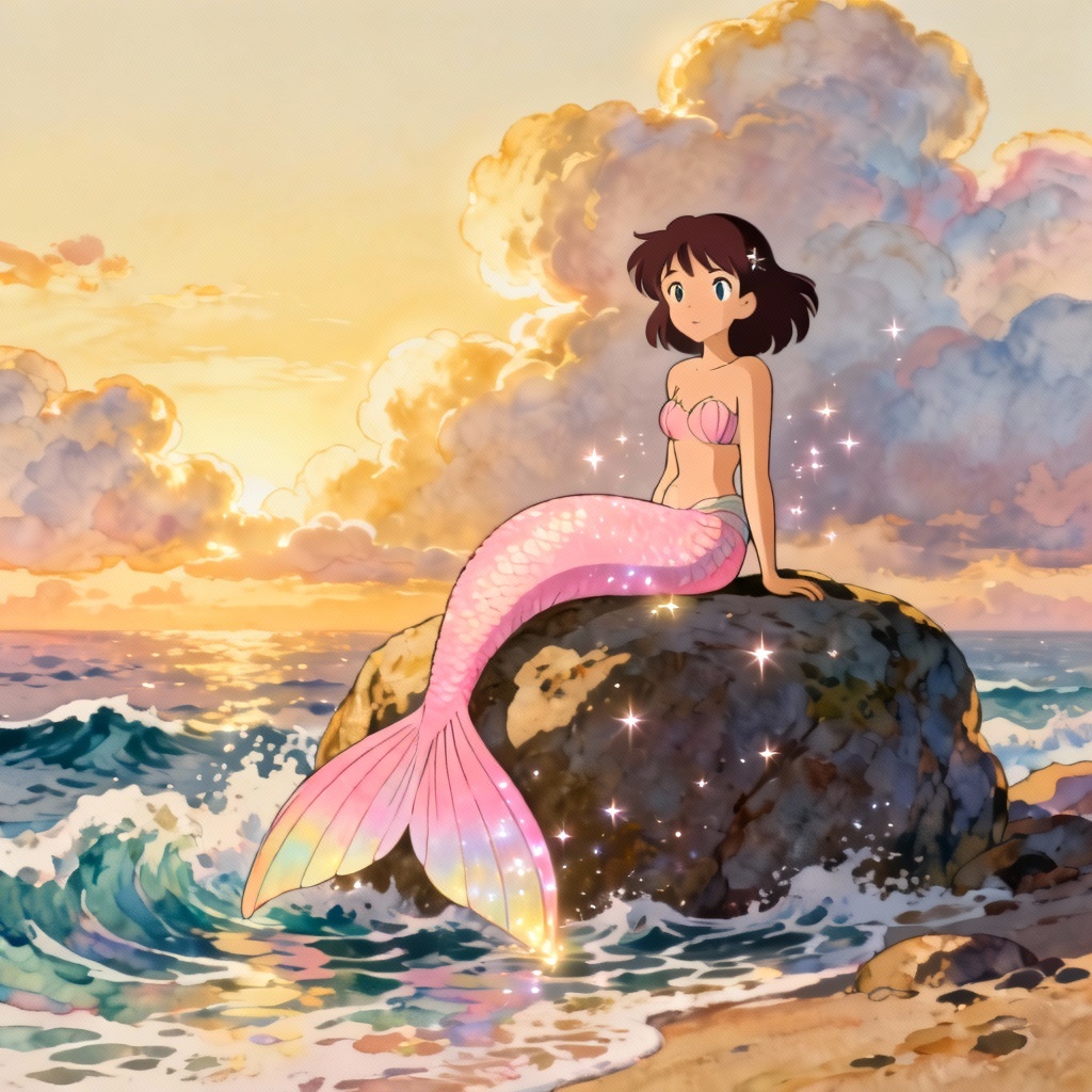 AI Anime Mermaid At Sunset With Flowing Tail
