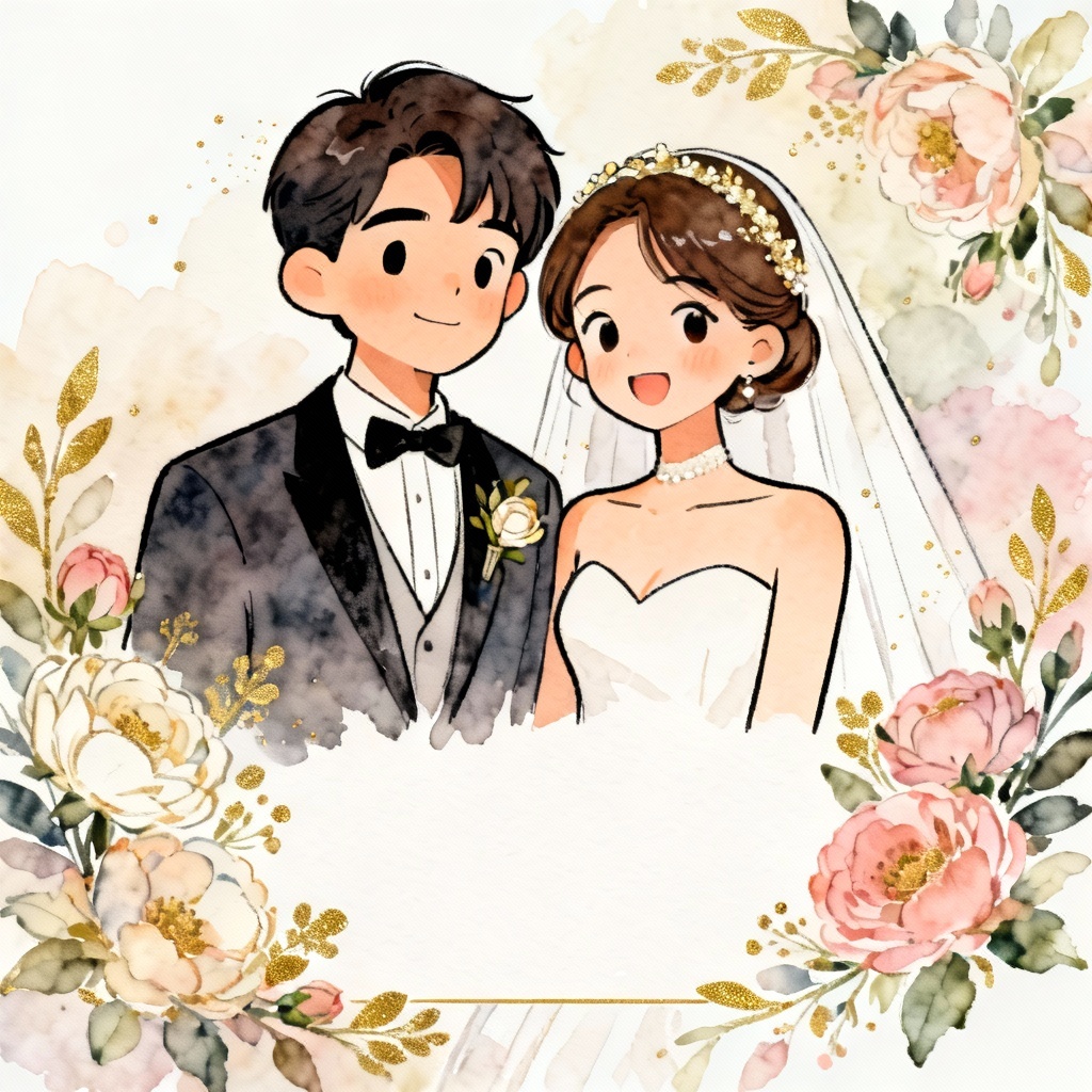 Wedding invitation couple cartoon with florals