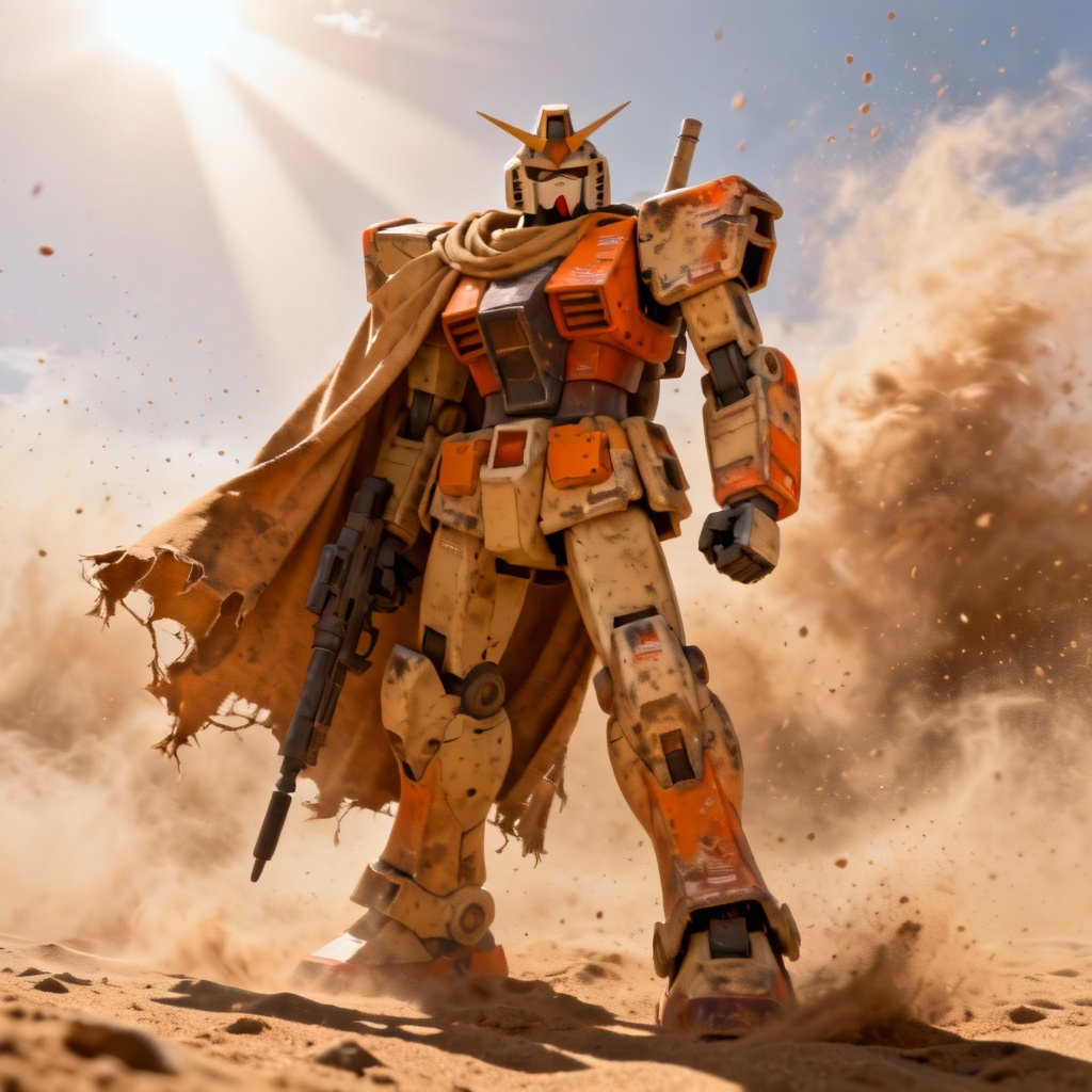AI Gundam-style desert mecha in sandstorm