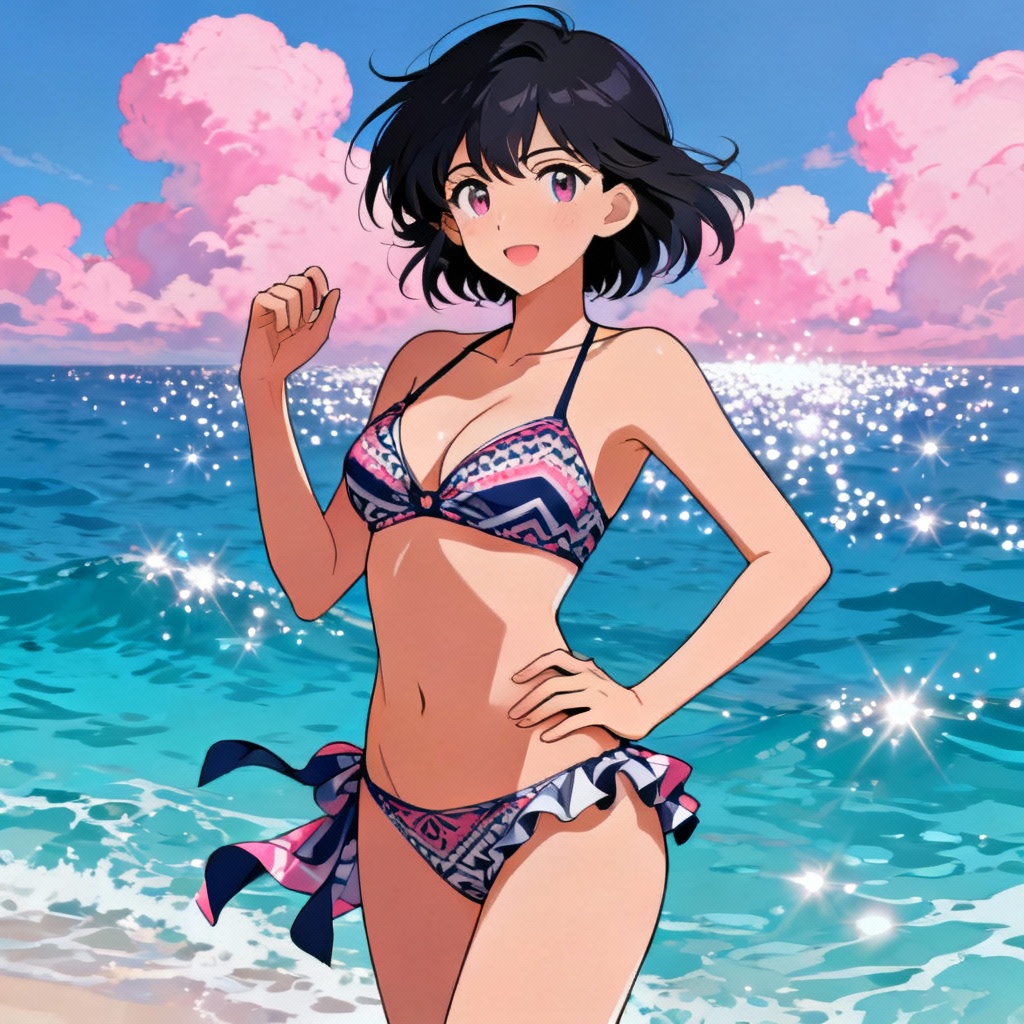 Anime bikini beach character in vibrant cel-shaded style