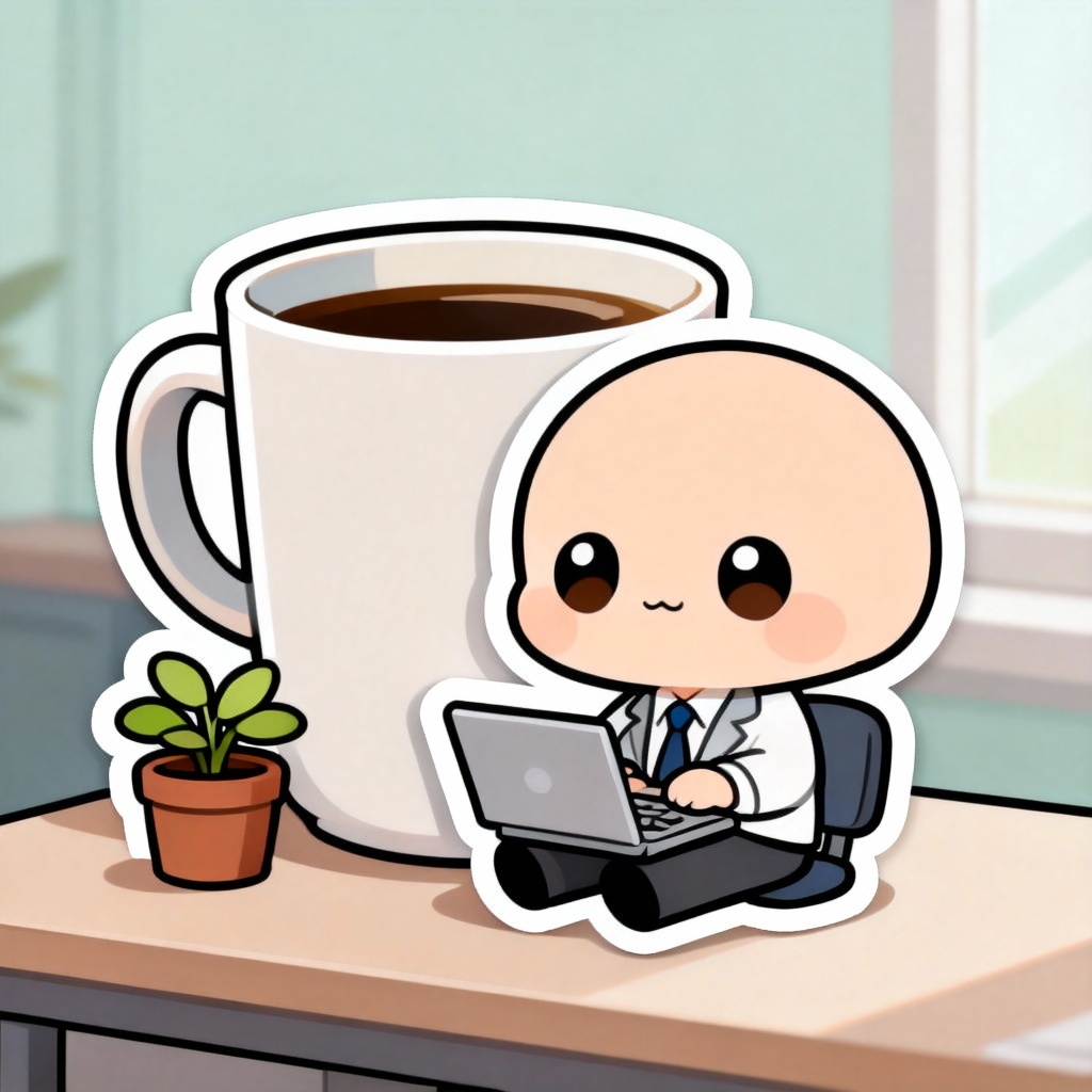 AI chibi office worker with laptop and coffee