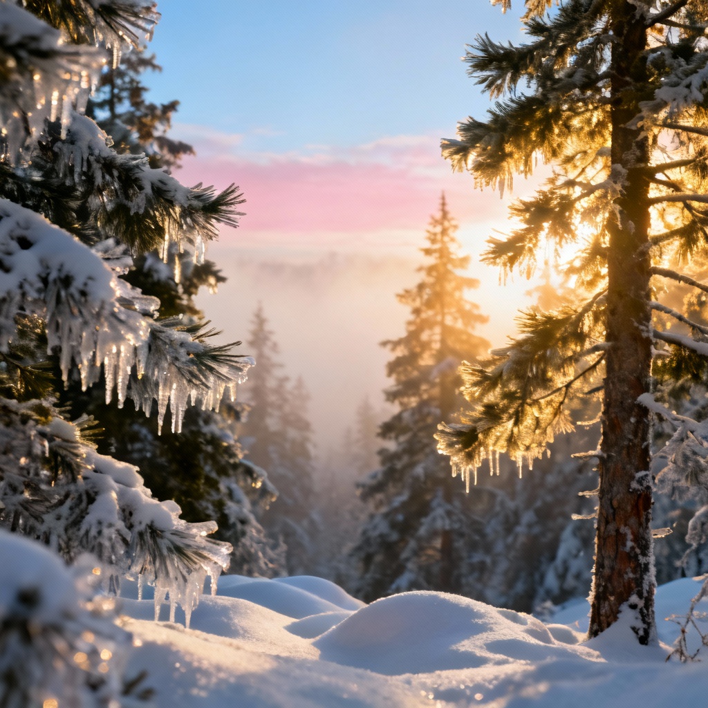 AI frosty forest winter sunrise background