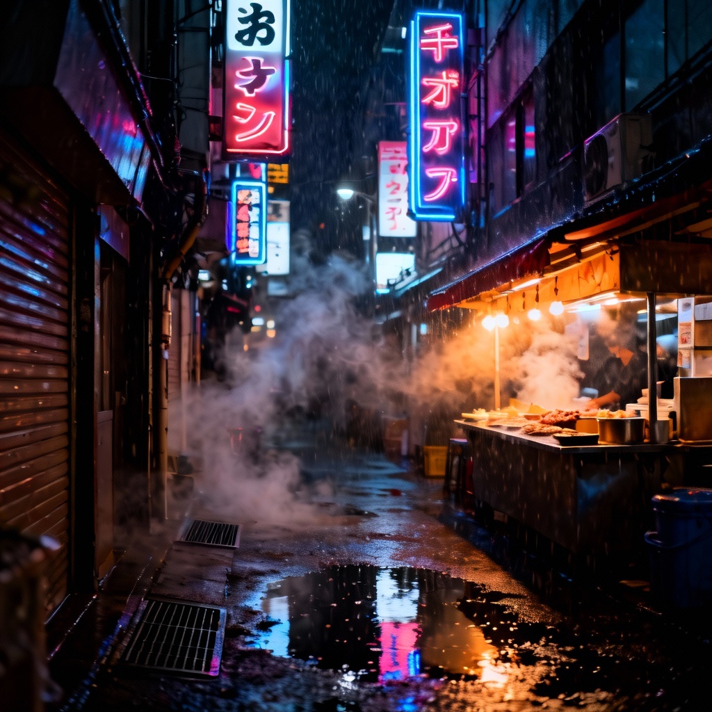 Cyberpunk alley with neon signs and heavy rain
