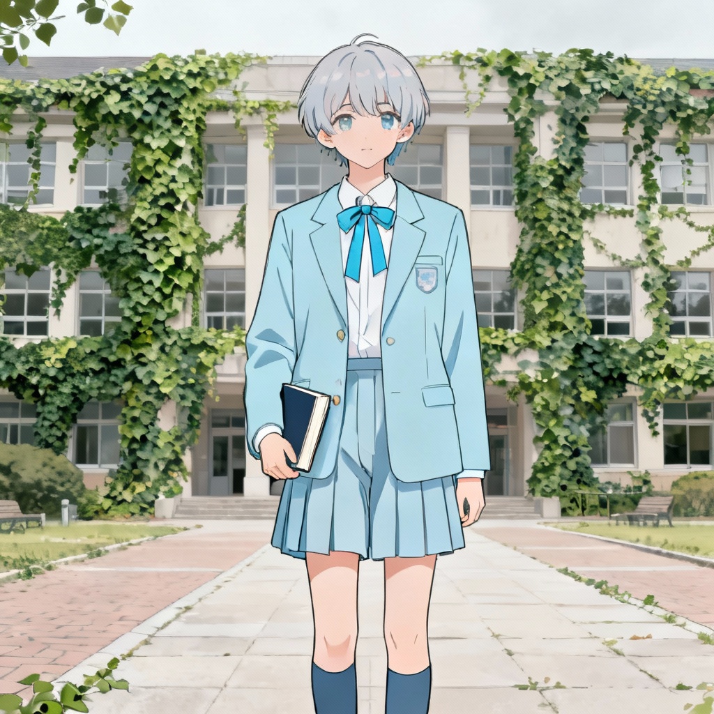 AI femboy academia look with pastel blazer on campus
