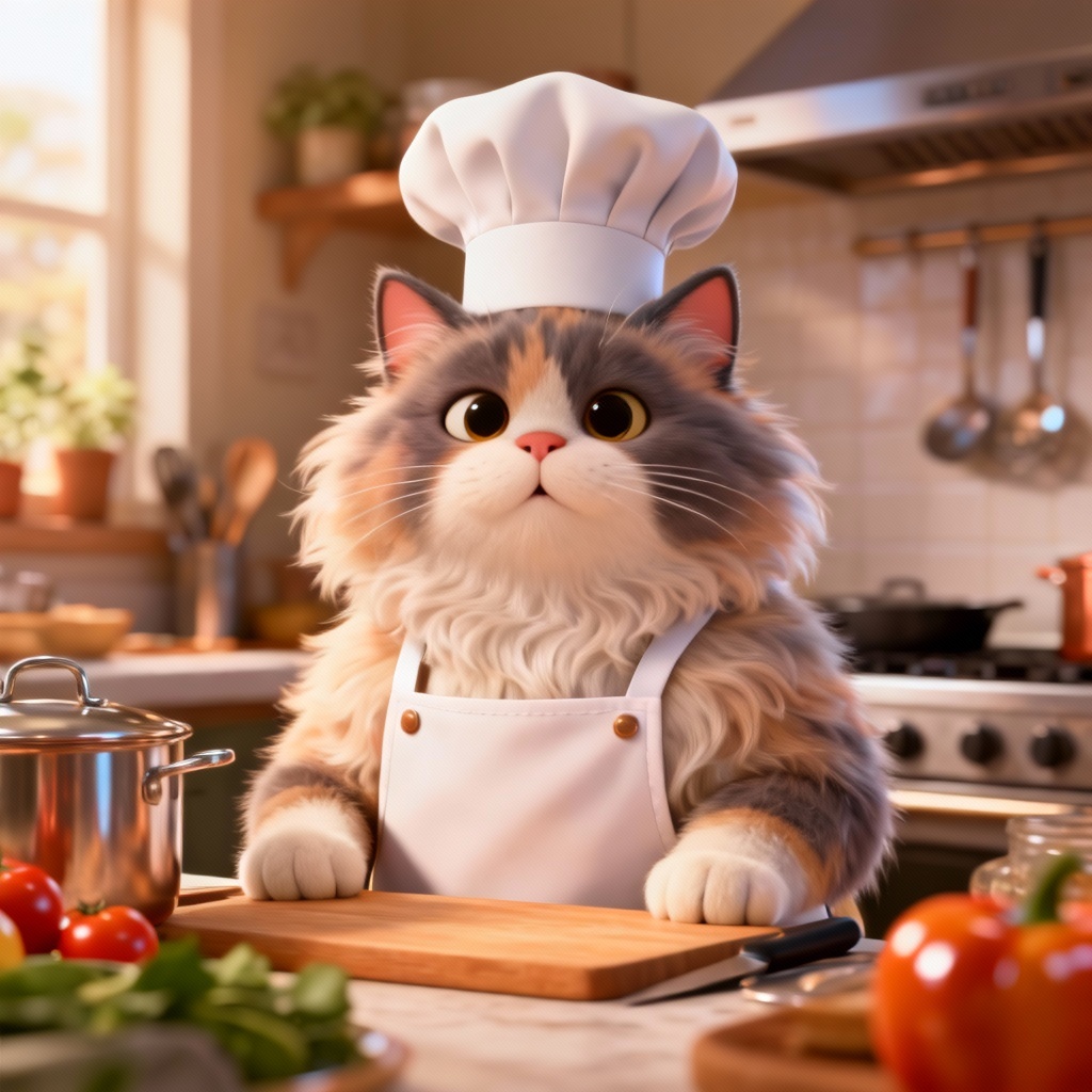 3D animation-style chef cat cooking in kitchen