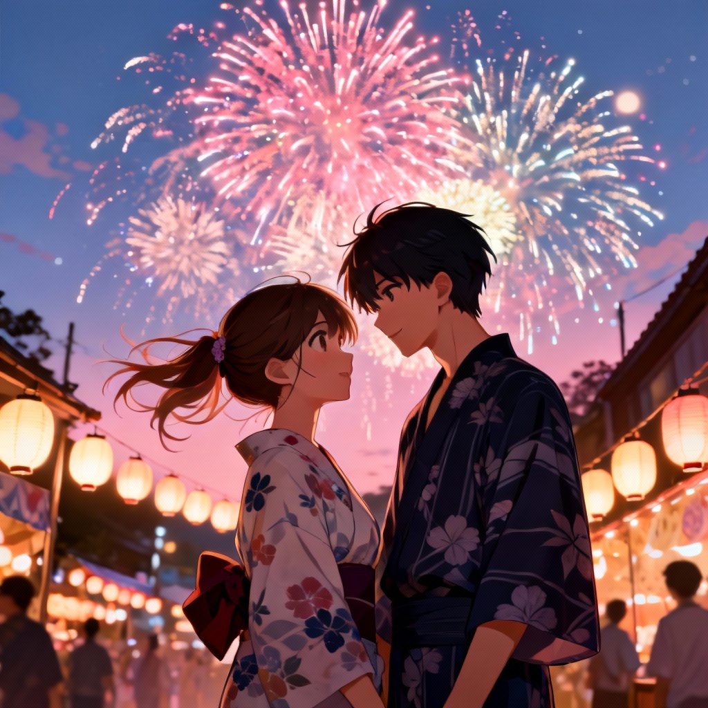 AI anime fireworks date with a yukata couple under a colorful night sky