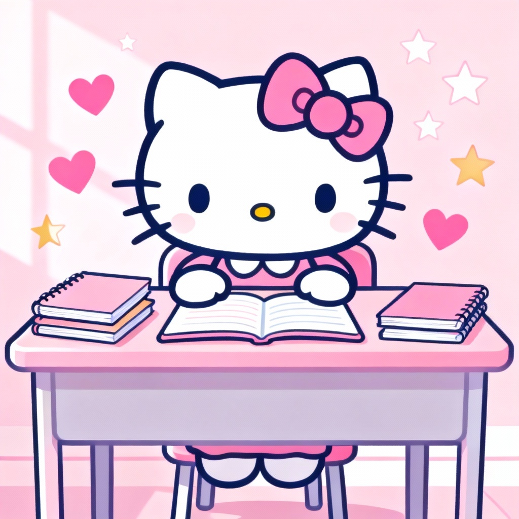 AI Hello Kitty style study desk poster in pastel colors