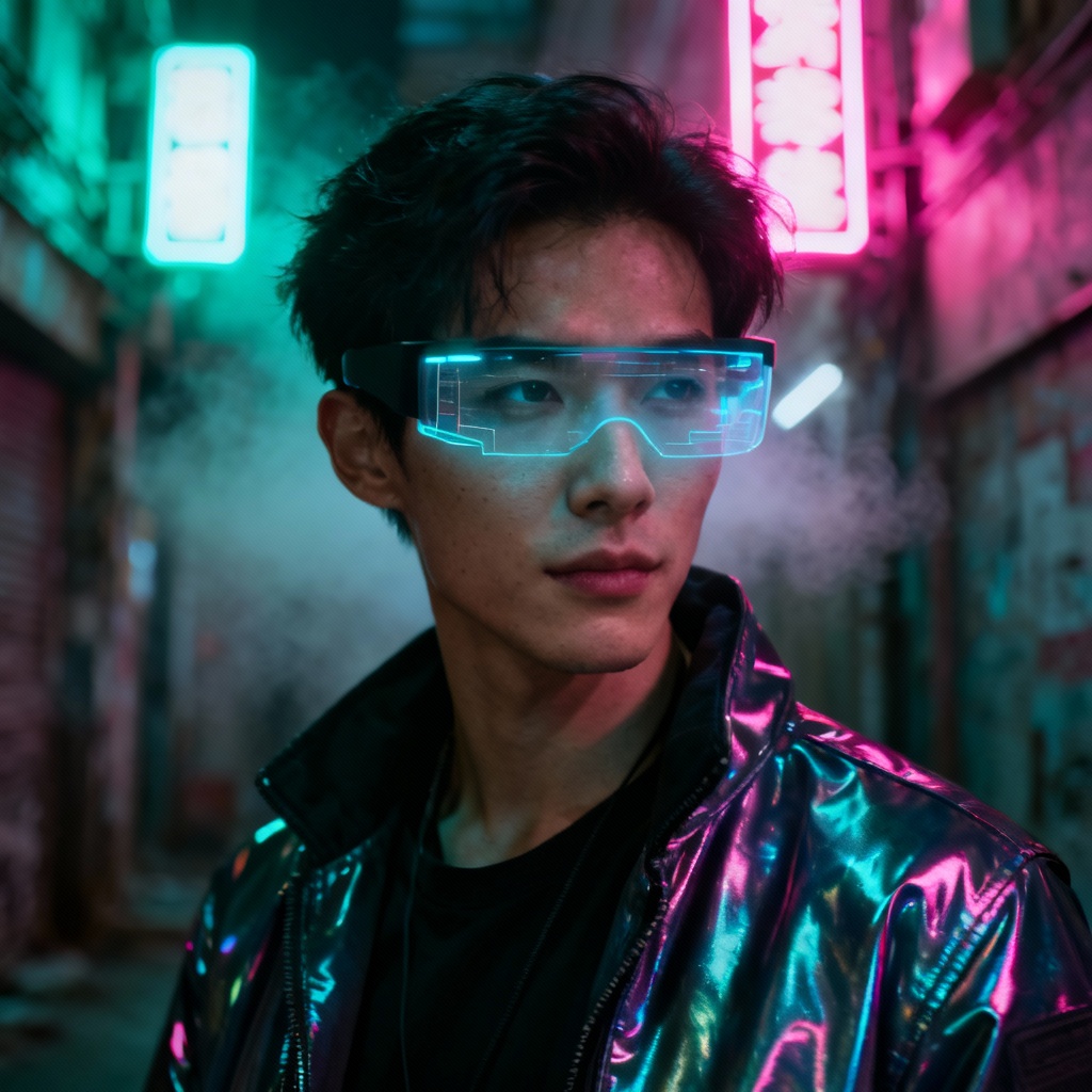 AI cyberpunk character portrait in neon-lit alley
