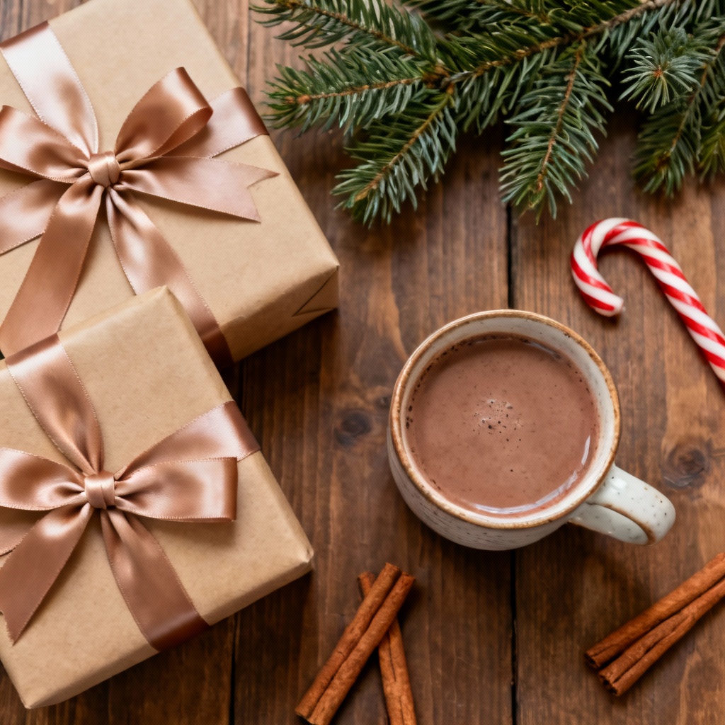 AI minimal holiday flatlay with gifts and cocoa