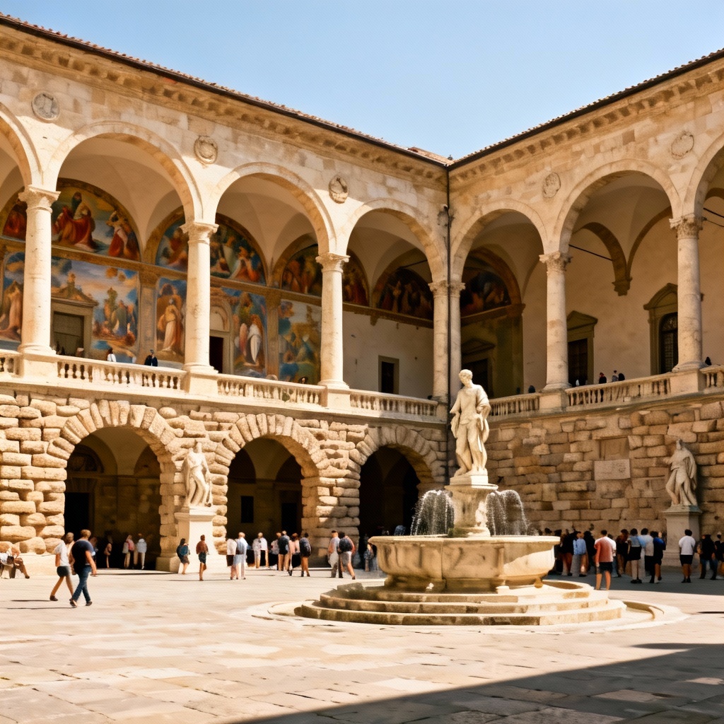 AI Renaissance palace courtyard with arches and frescoes