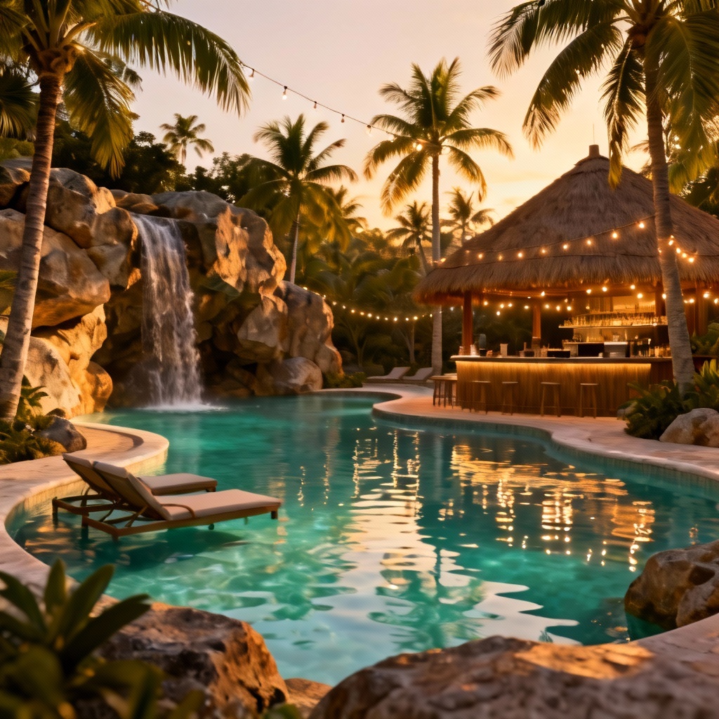 AI tropical resort lagoon pool with palms and swim-up bar
