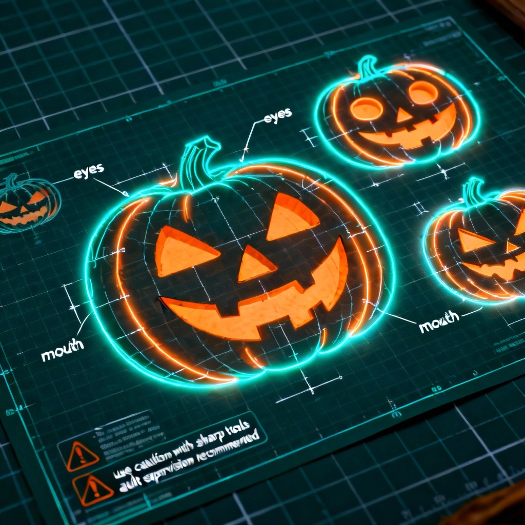 Pumpkin carving blueprint with glowing guides