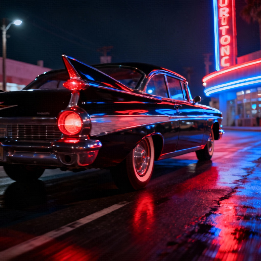 AI 1950s classic car night scene with neon reflections