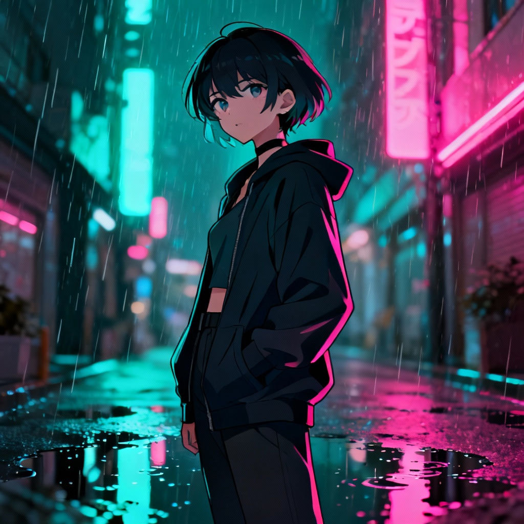AI modern anime hero in neon city with cel-shaded style