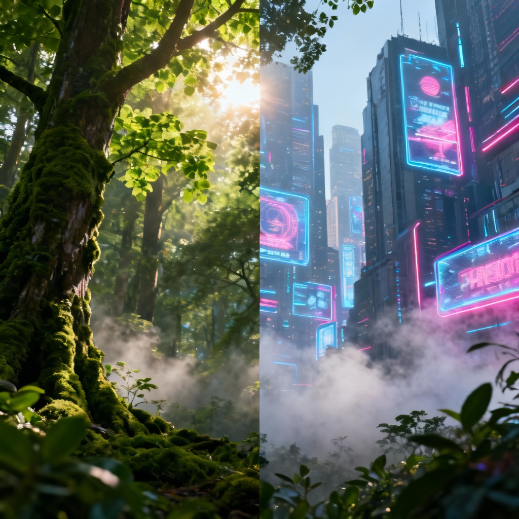 AI nature vs cyberpunk split landscape