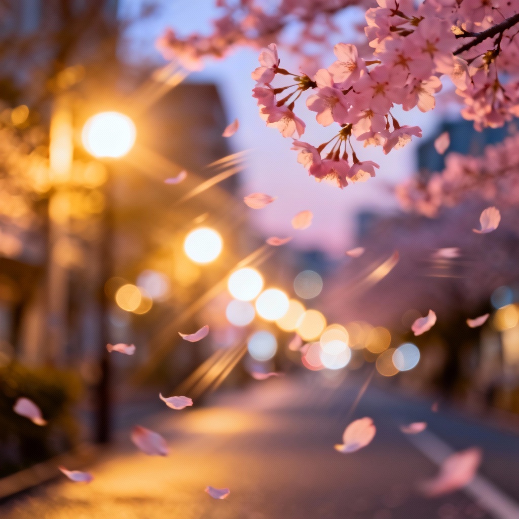 AI Sakura Petals Falling Over City Street