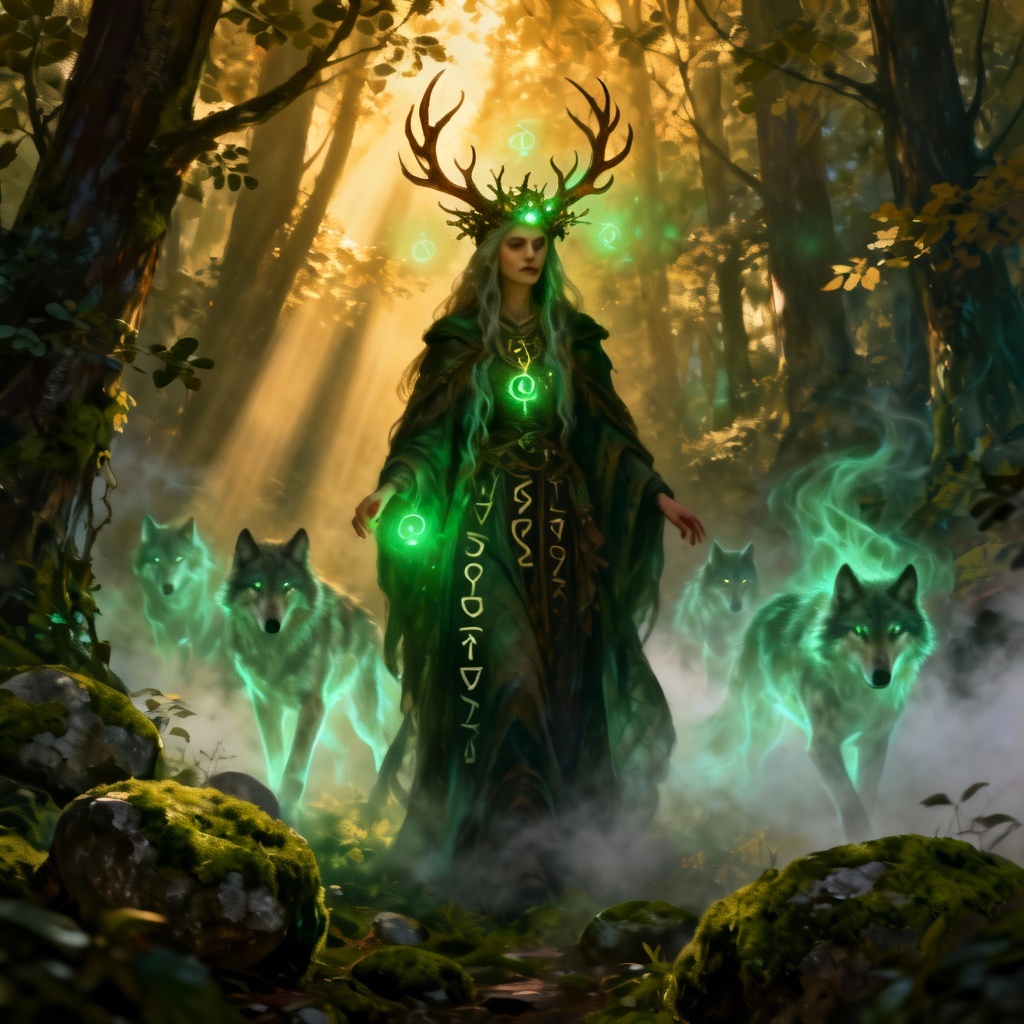AI dark fantasy forest witch with spectral wolves