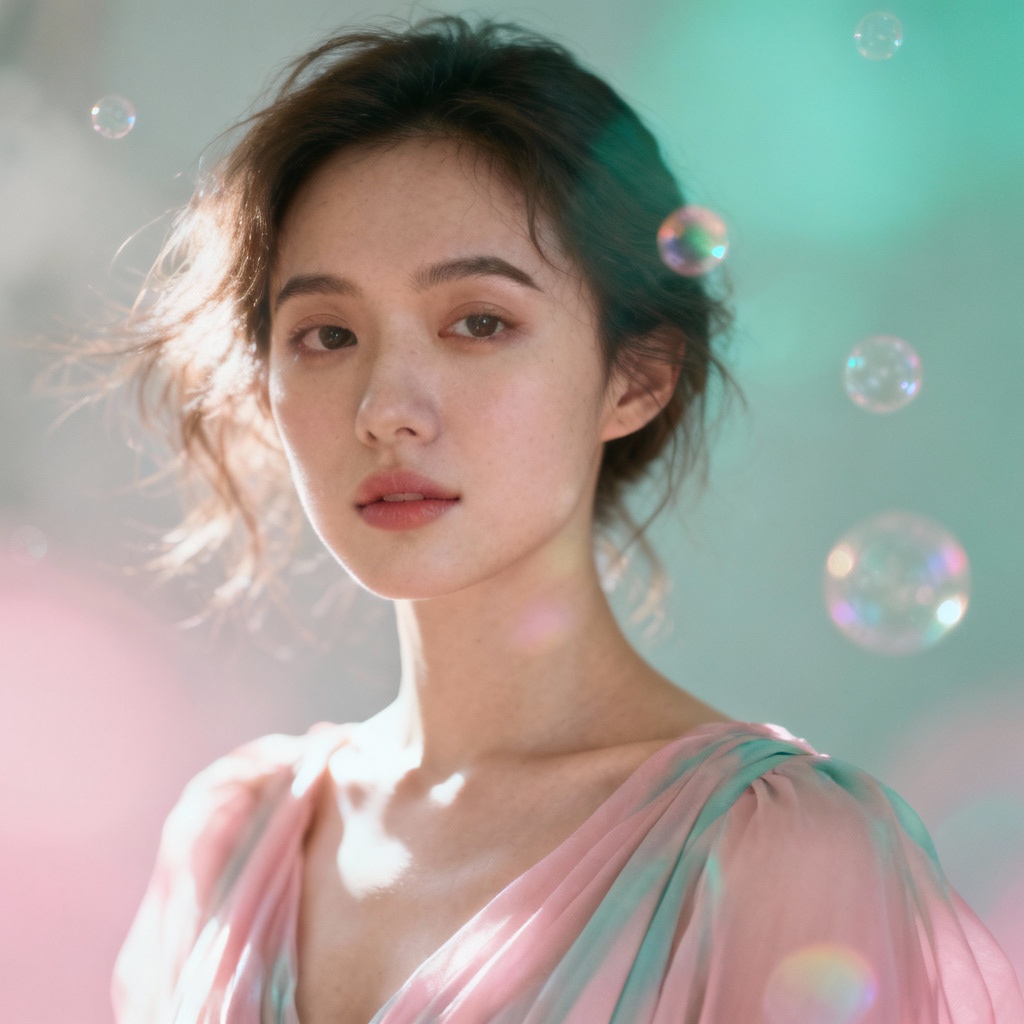 AI dreamy atmosphere generator portrait with soft glow, pastel bokeh and misty haze