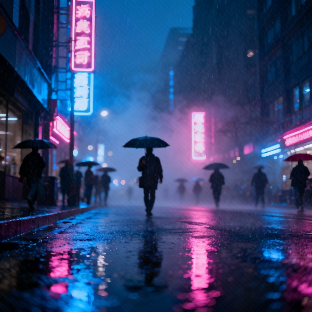 AI cinematic city street scene at night with neon lights and rain