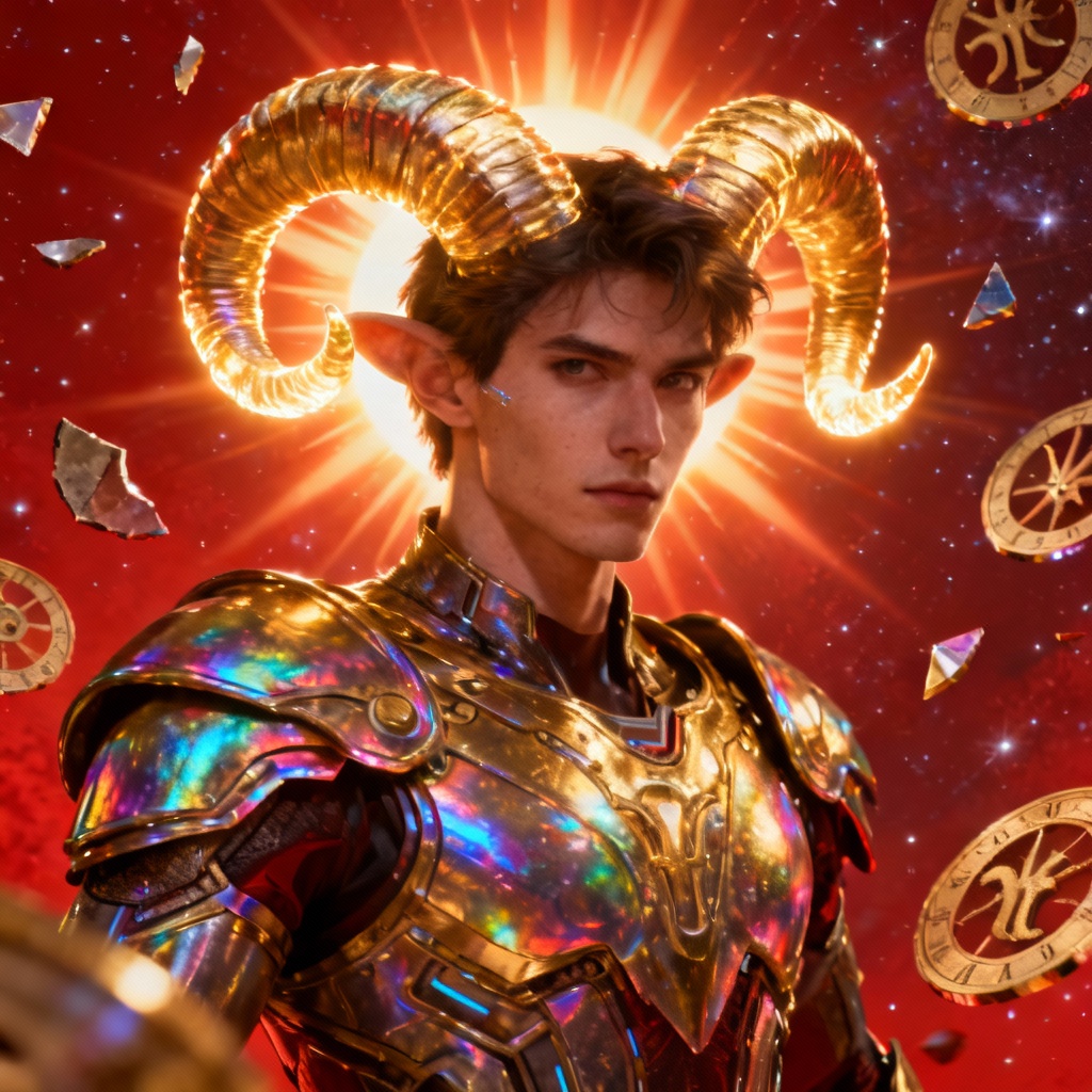 AI 2026 Aries zodiac persona in neon armor with ram glyph