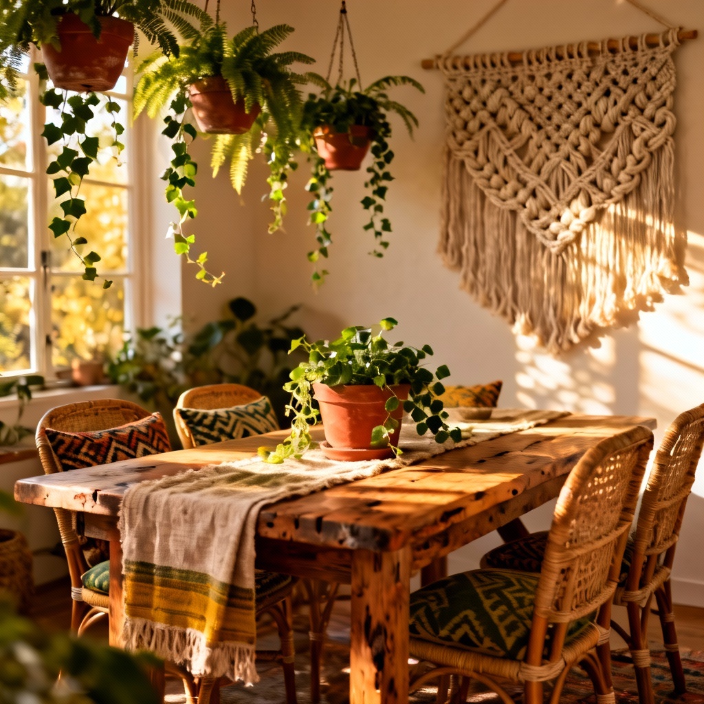AI boho dining room with plants