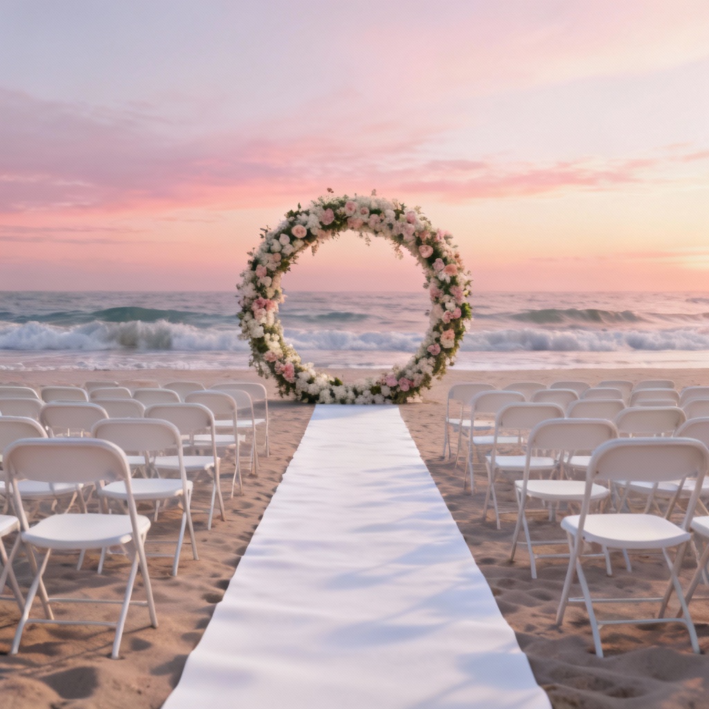 AI beachfront ceremony arch with seating and aisle