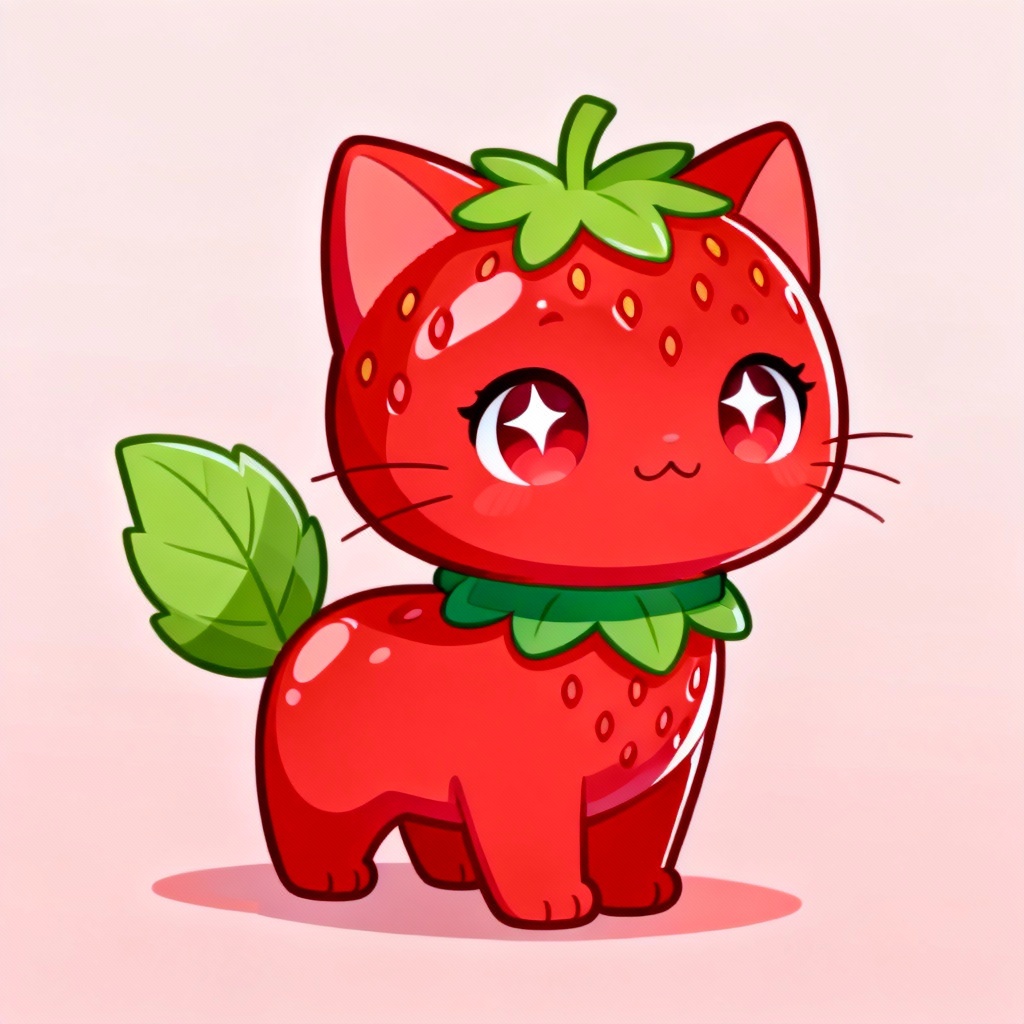 AI strawberry cat fruit pet mascot with leaf tail