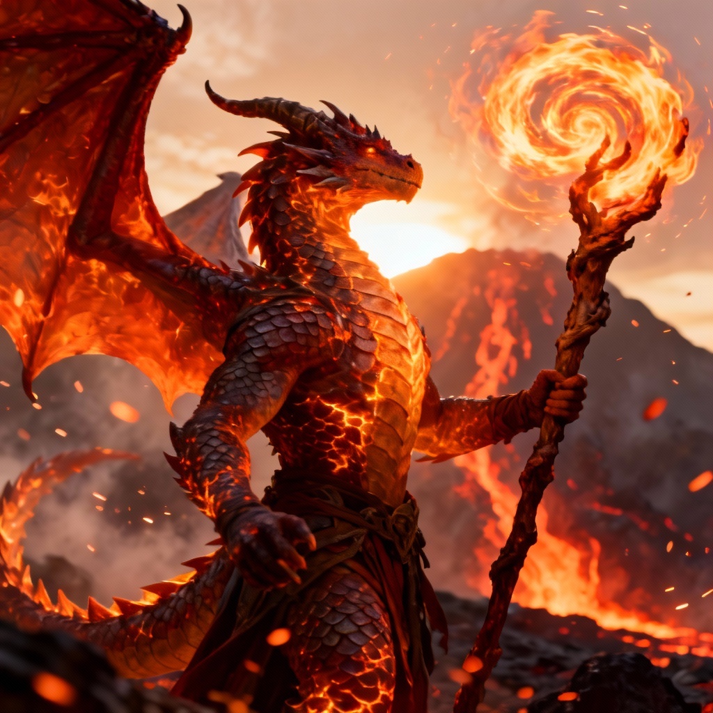 AI dragonborn mage summoning fire with ember scales