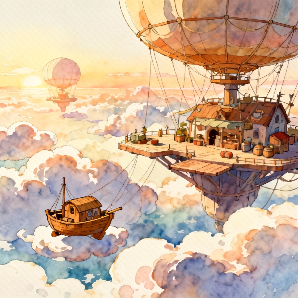 Floating sky harbor with wooden airships in storybook animation style