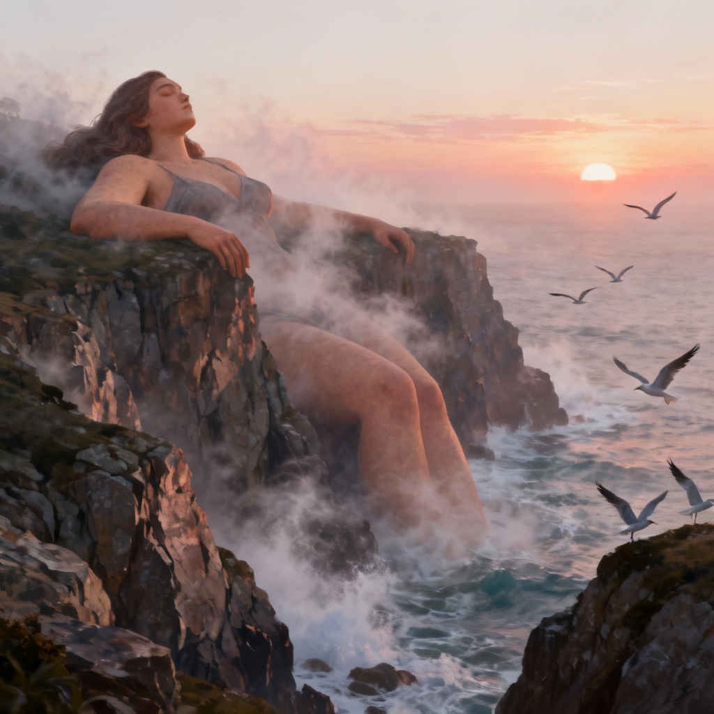 Realistic giantess on coastal cliffs at sunrise