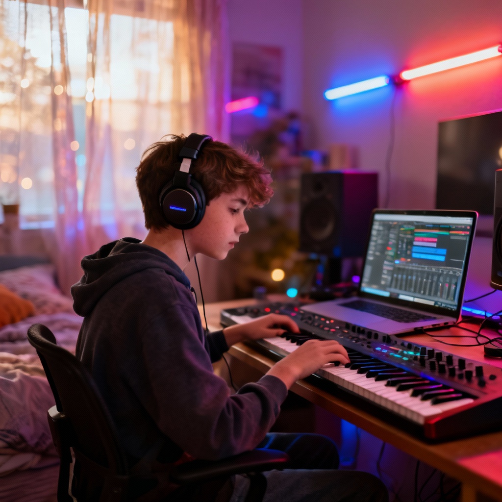 AI teen music producer in small bedroom studio