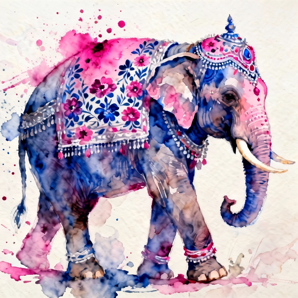 Decorated Indian elephant painted in watercolor