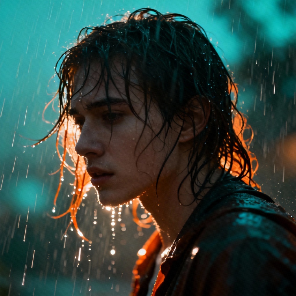 Cinematic rain with wet hair movement