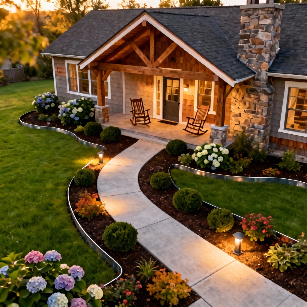 AI front yard lawn design with curved edging and flower beds